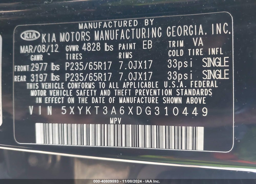 2013 KIA SORENTO LX VIN: 5XYKT3A6XDG310449