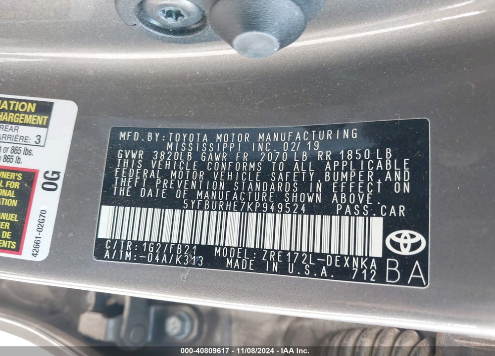 2019 TOYOTA COROLLA LE VIN: 5YFBURHE7KP949524