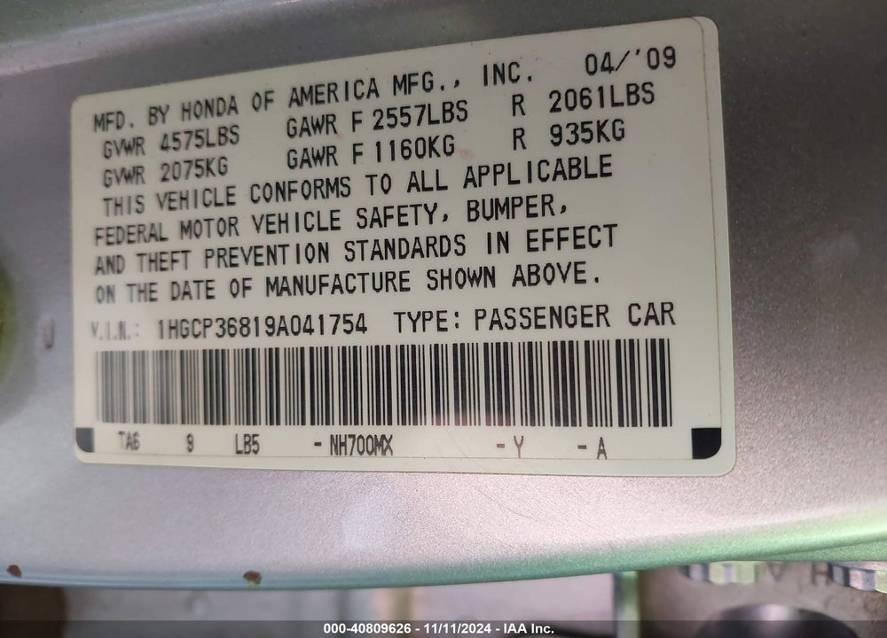 2009 HONDA ACCORD 3.5 EX-L VIN: 1HGCP36819A041754