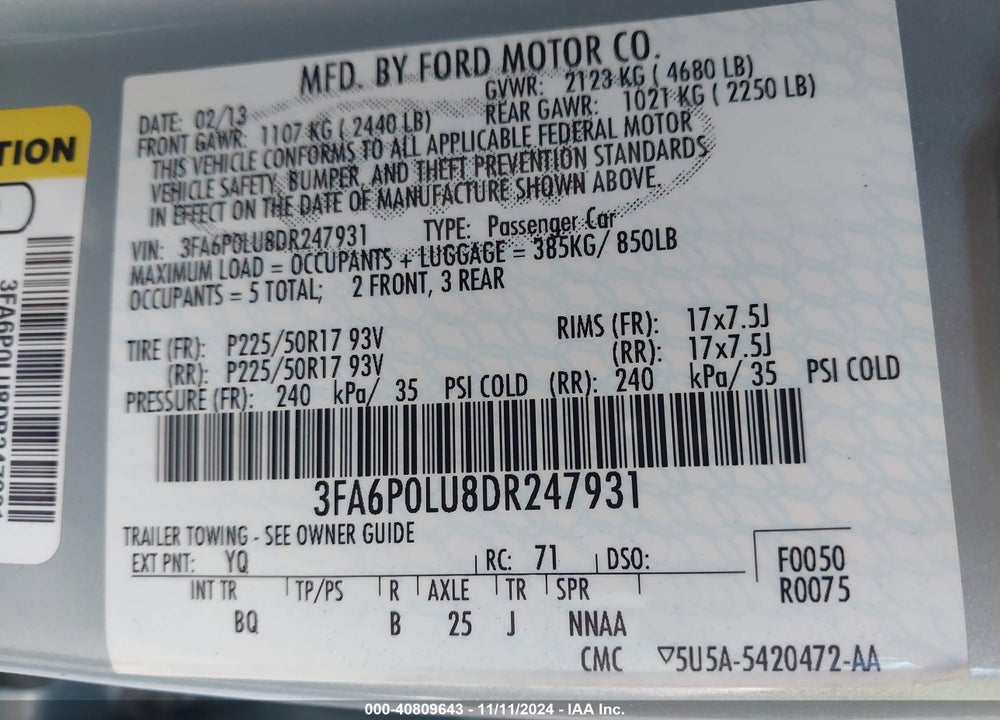 2013 FORD FUSION HYBRID SE VIN: 3FA6P0LU8DR247931