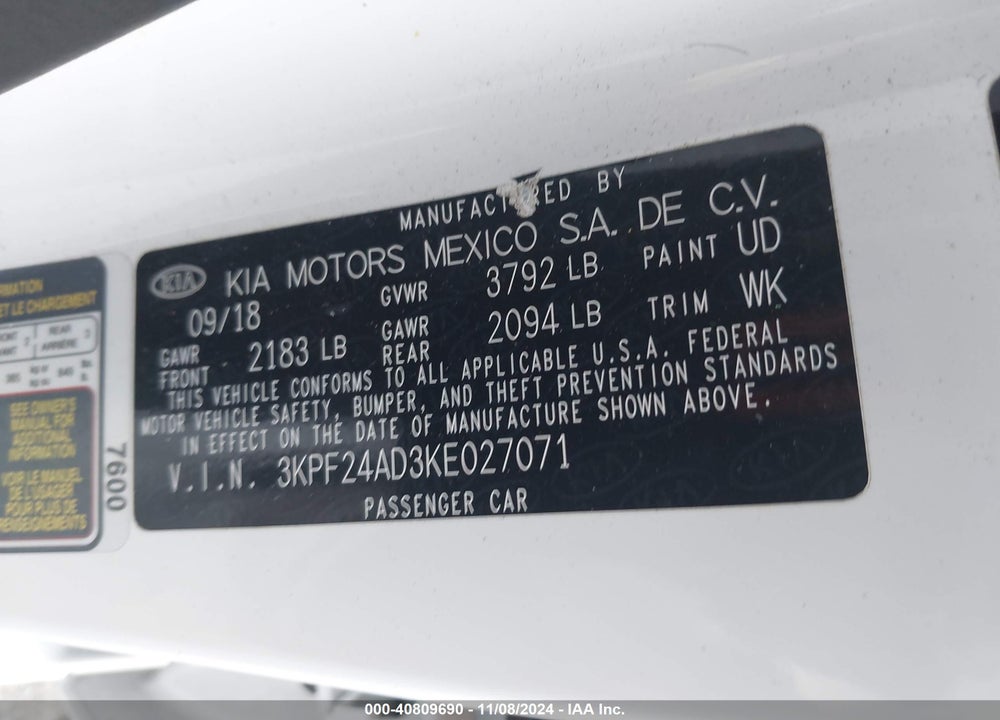 2019 KIA FORTE FE VIN: 3KPF24AD3KE027071