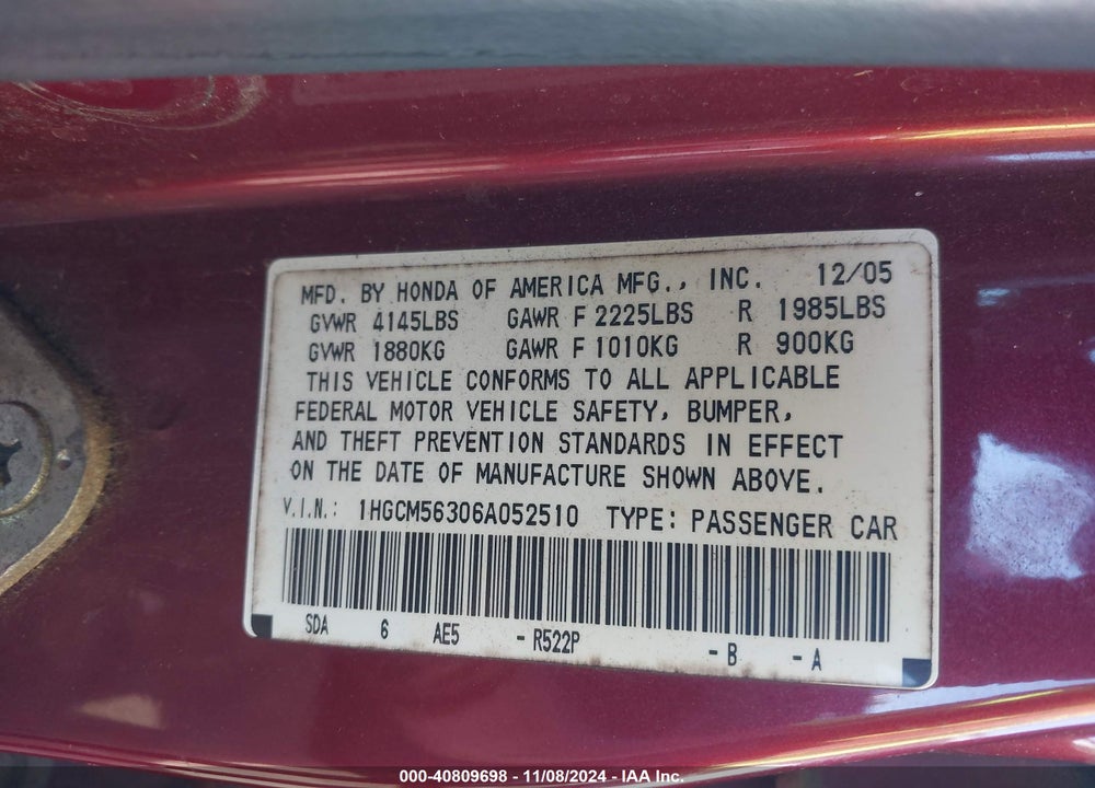 2006 HONDA ACCORD 2.4 SE VIN: 1HGCM56306A052510