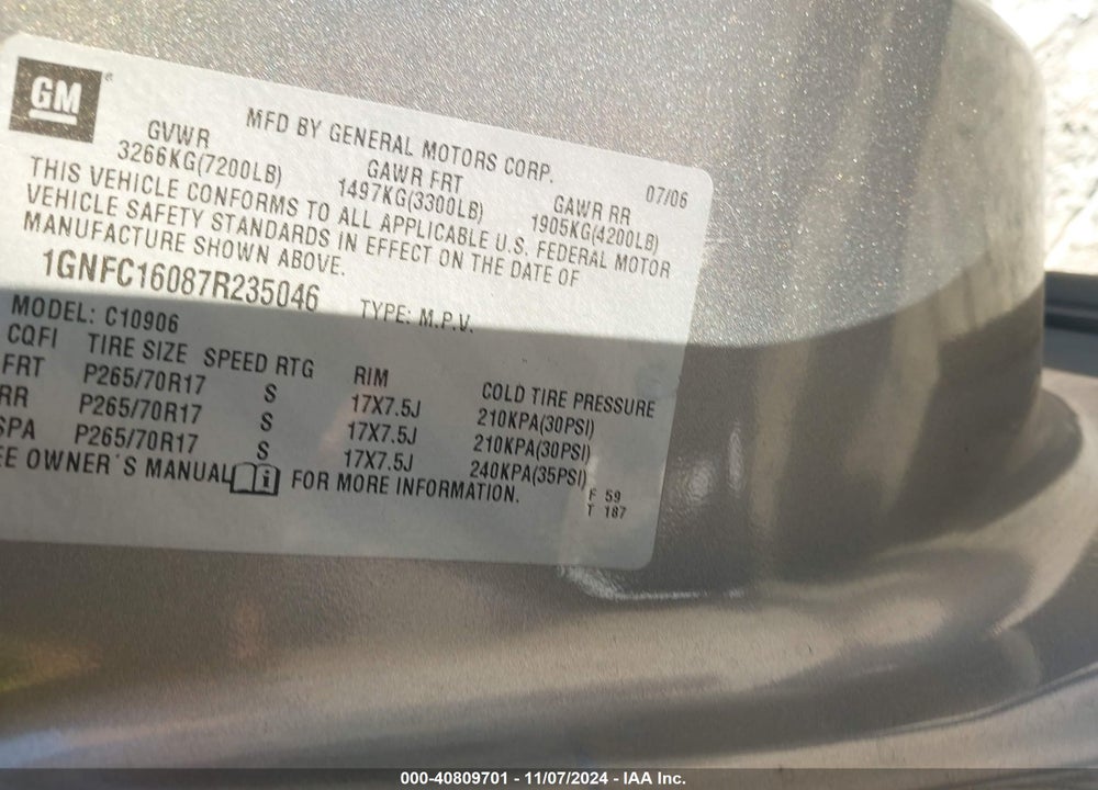 2007 CHEVROLET SUBURBAN 1500 LS VIN: 1GNFC16087R235046