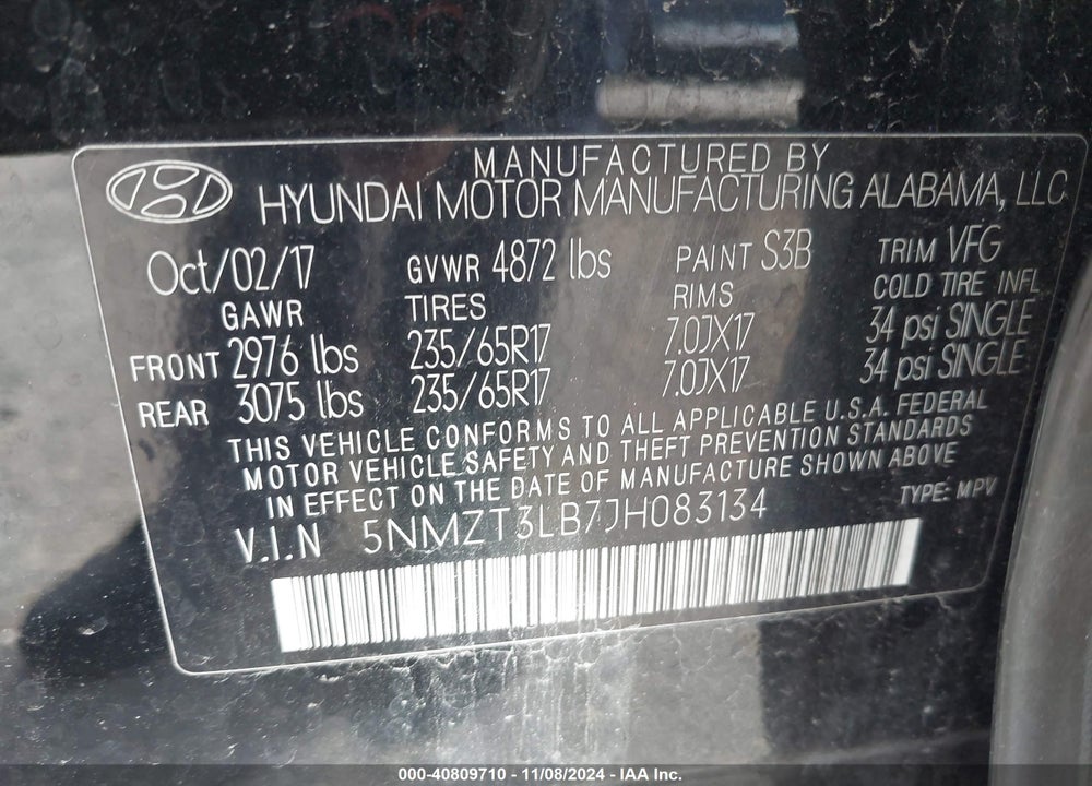 2018 HYUNDAI SANTA FE SPORT 2.4L VIN: 5NMZT3LB7JH083134