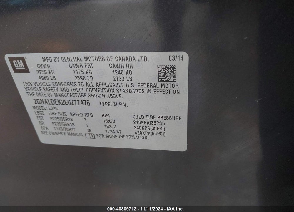 2014 CHEVROLET EQUINOX LTZ VIN: 2GNALDEK2E6277476