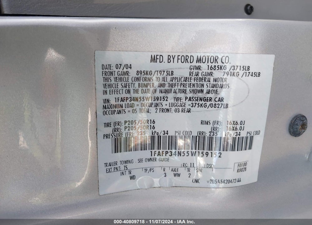 2005 FORD FOCUS ZX4 VIN: 1FAFP34N55W159152