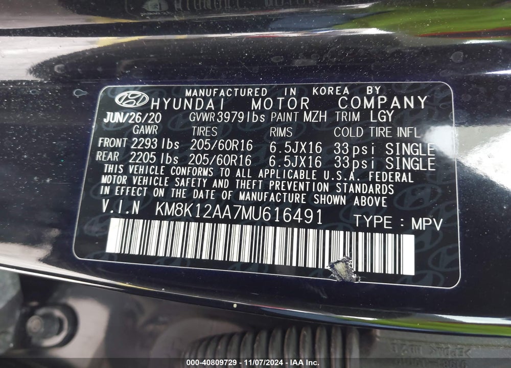 2021 HYUNDAI KONA SE VIN: KM8K12AA7MU616491