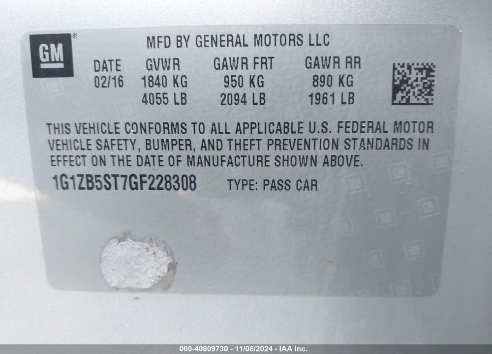 2016 CHEVROLET MALIBU LS VIN: 1G1ZB5ST7GF228308