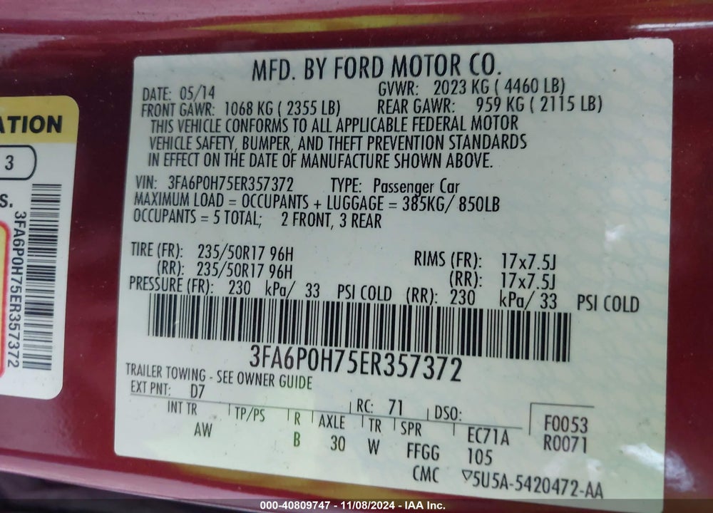2014 FORD FUSION SE VIN: 3FA6P0H75ER357372