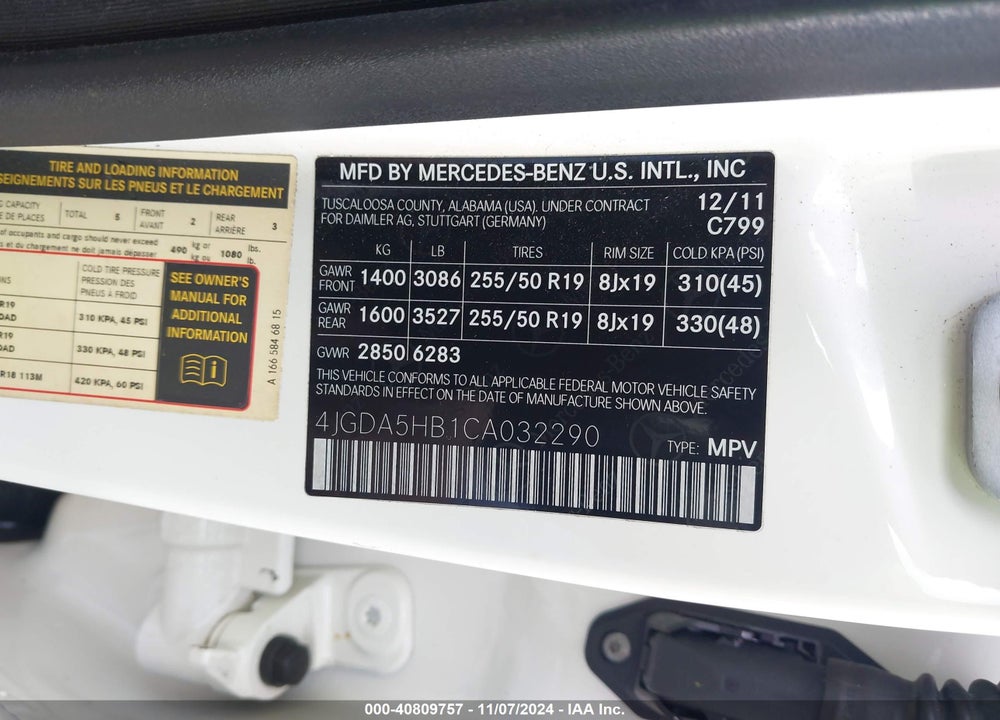 2012 MERCEDES-BENZ ML 350 4MATIC VIN: 4JGDA5HB1CA032290