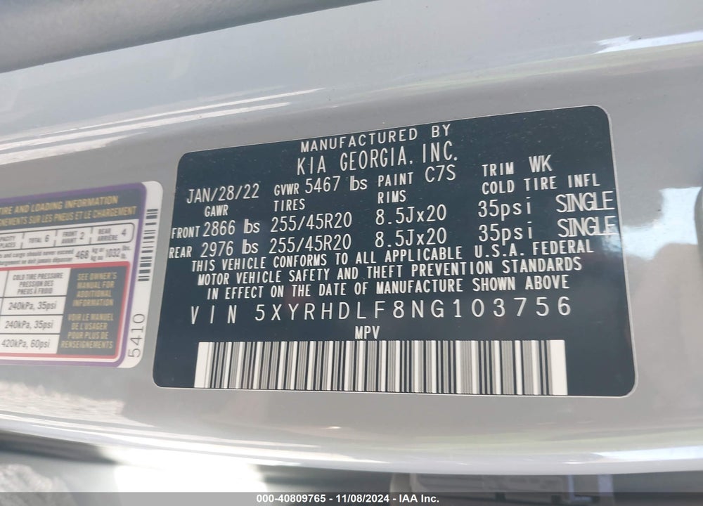 2022 KIA SORENTO X-LINE EX VIN: 5XYRHDLF8NG103756