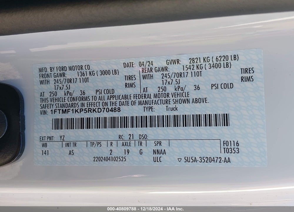 2024 FORD F-150 XL VIN: 1FTMF1KP5RKD70488