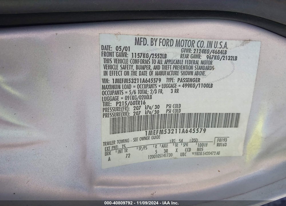 2001 MERCURY SABLE LS VIN: 1MEFM53211A645579