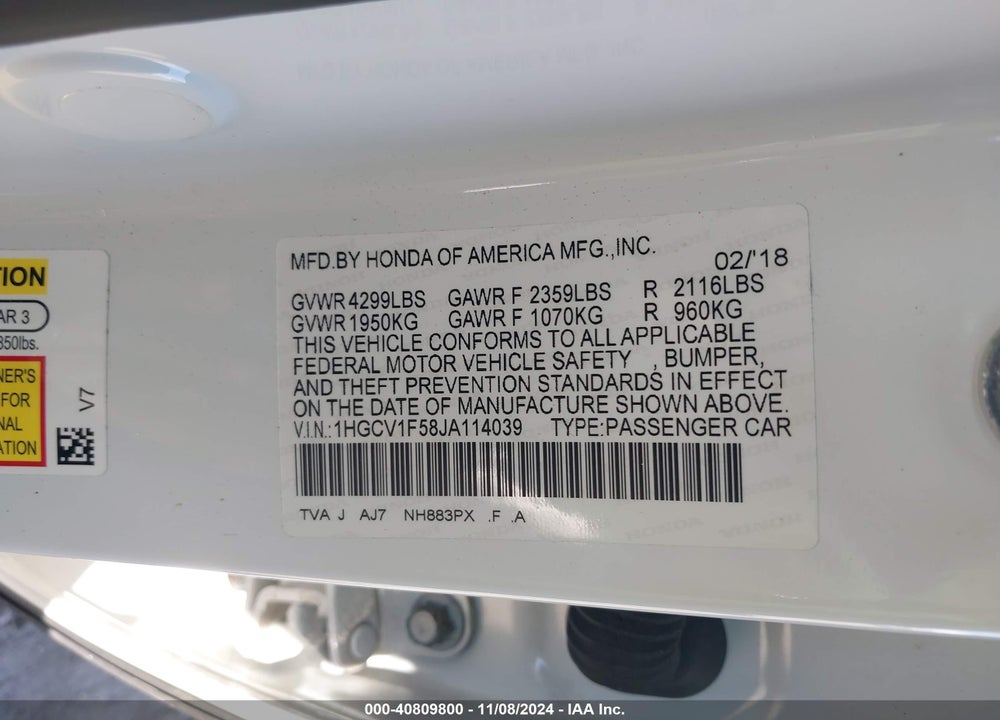 2018 HONDA ACCORD EX-L VIN: 1HGCV1F58JA114039