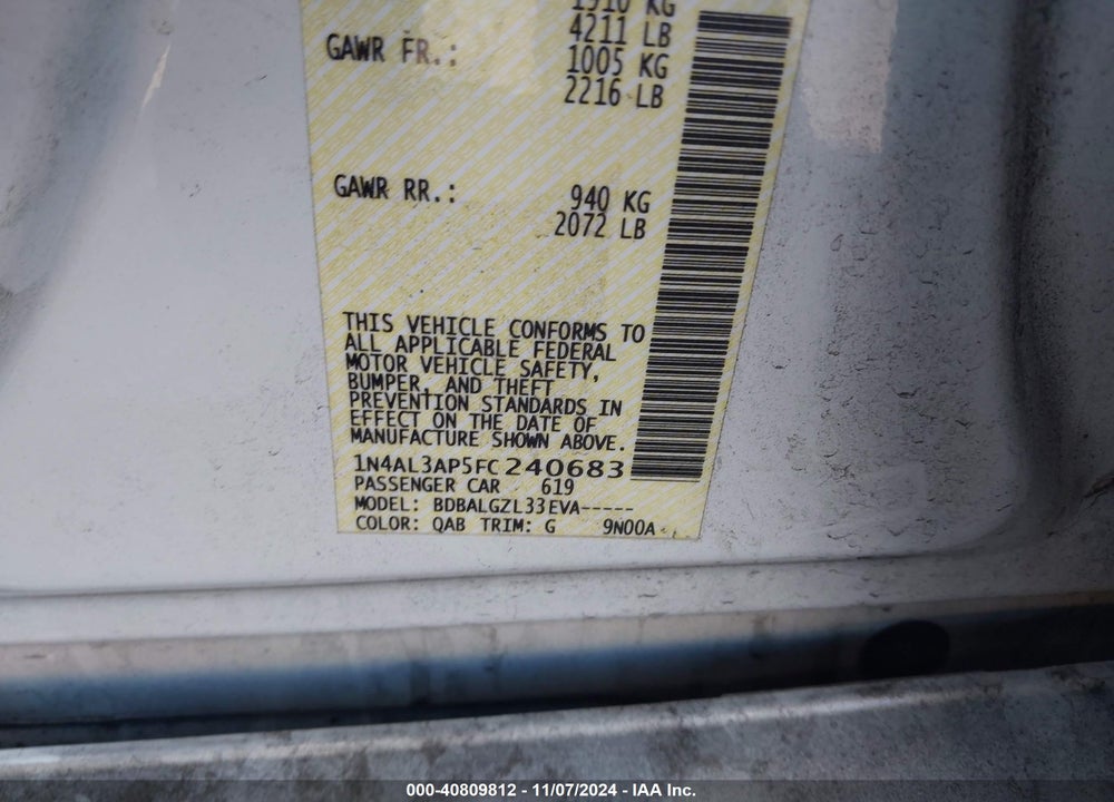 2015 NISSAN ALTIMA VIN: 1N4AL3AP5FC240683