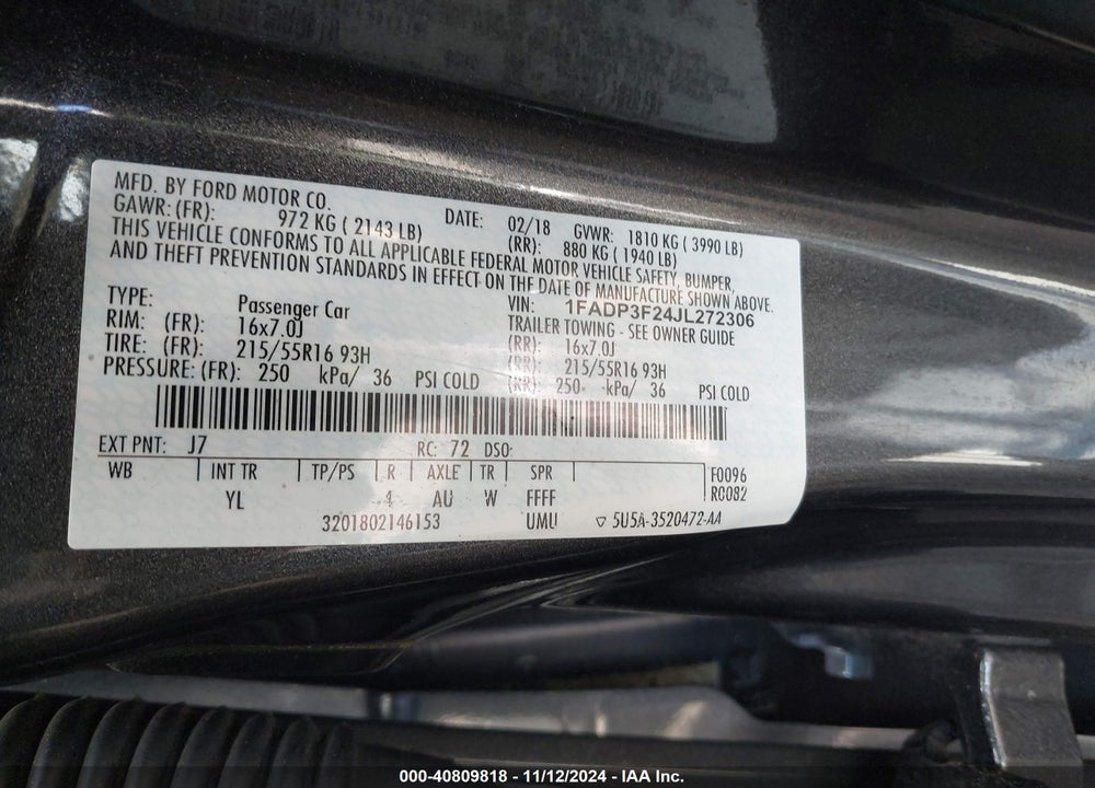 2018 FORD FOCUS SE VIN: 1FADP3F24JL272306