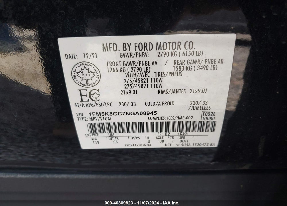 2022 FORD EXPLORER ST VIN: 1FM5K8GC7NGA08945