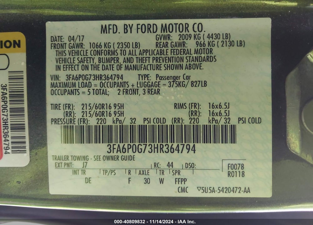2017 FORD FUSION S VIN: 3FA6P0G73HR364794