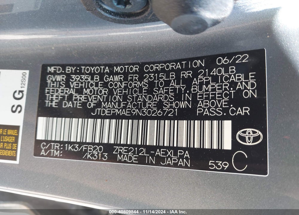 2022 TOYOTA COROLLA VIN: JTDEPMAE9N3026721