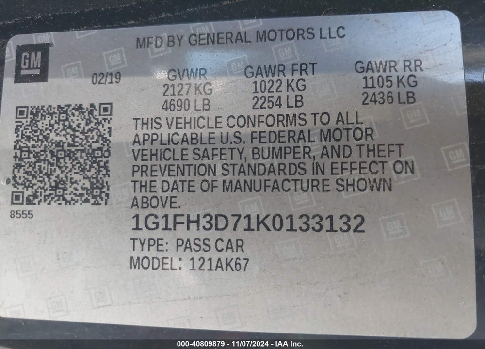 2019 CHEVROLET CAMARO VIN: 1G1FH3D71K0133132