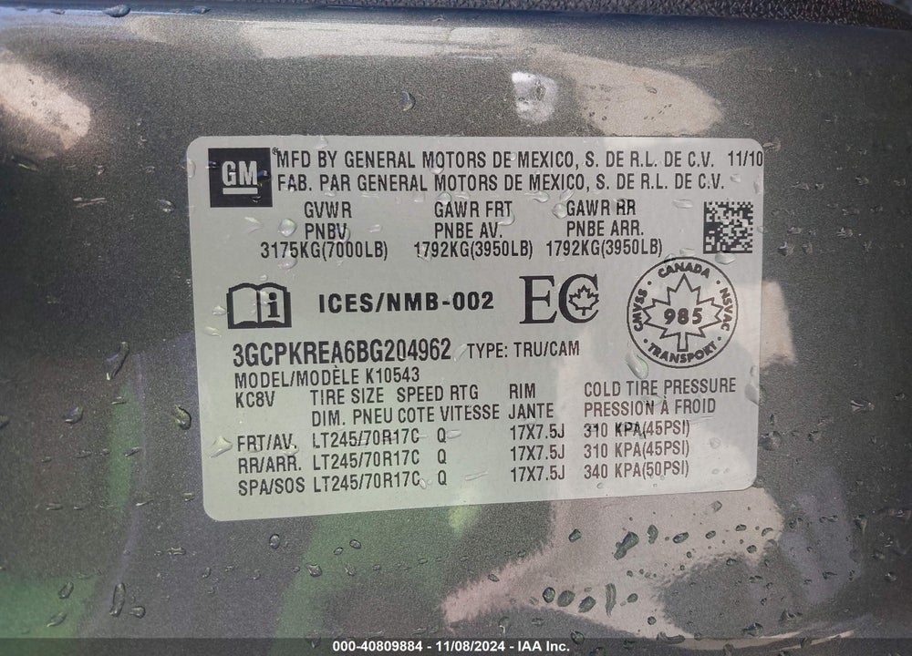 2011 CHEVROLET SILVERADO 1500 LS VIN: 3GCPKREA6BG204962