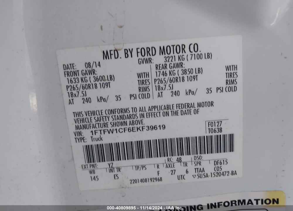 2014 FORD F-150 LARIAT VIN: 1FTFW1CF6EKF39619