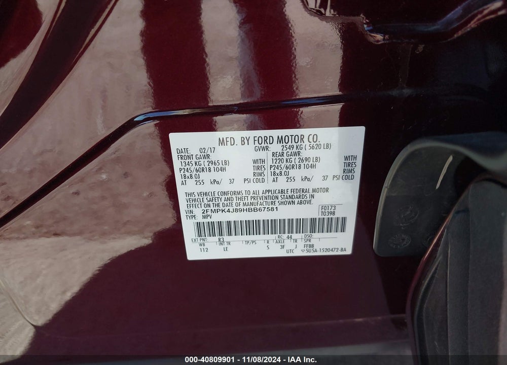 2017 FORD EDGE SEL VIN: 2FMPK4J89HBB67581