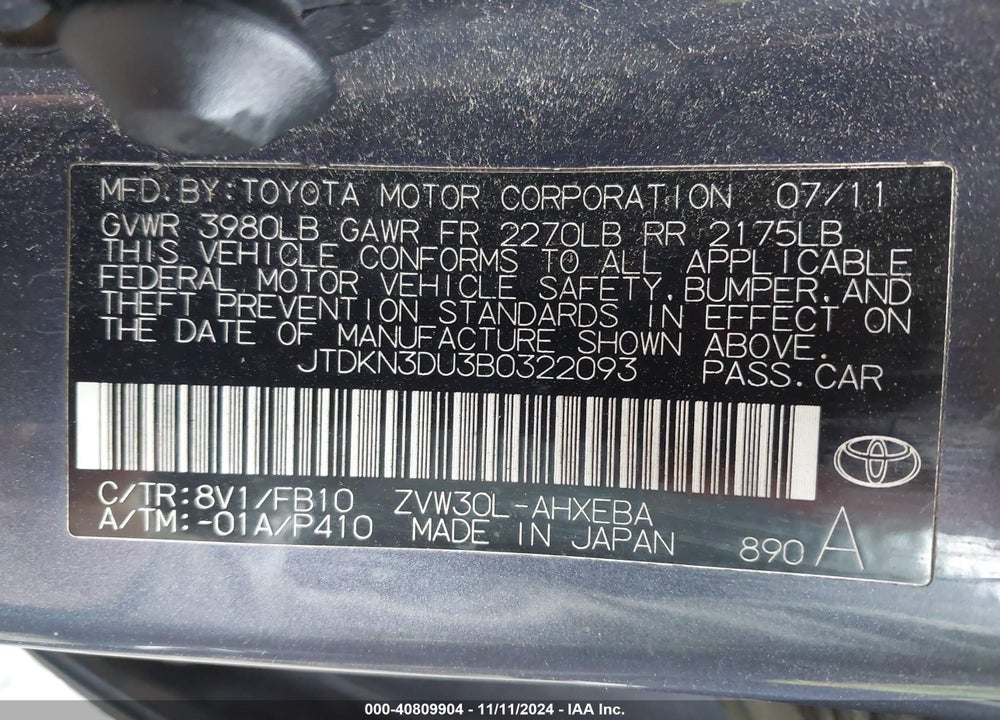2011 TOYOTA PRIUS TWO VIN: JTDKN3DU3B0322093