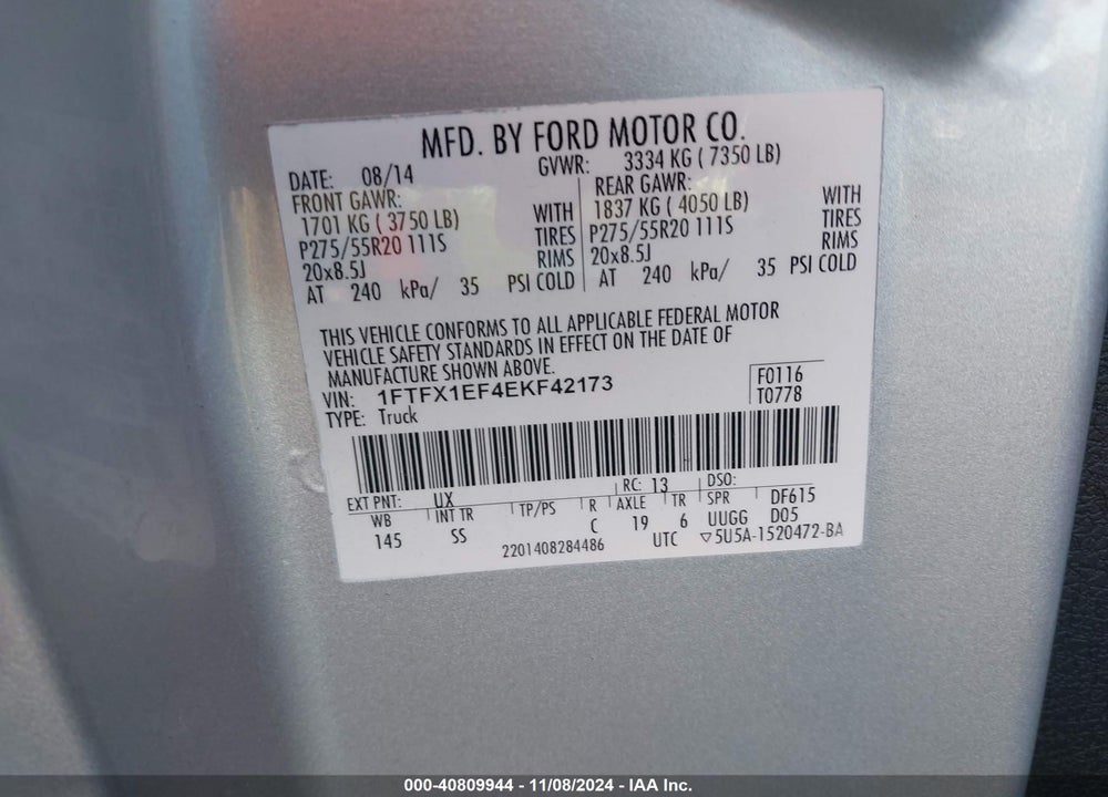 2014 FORD F-150 VIN: 1FTFX1EF4EKF42173