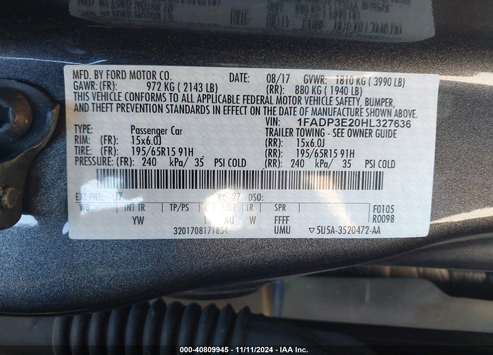 2017 FORD FOCUS S VIN: 1FADP3E20HL327636