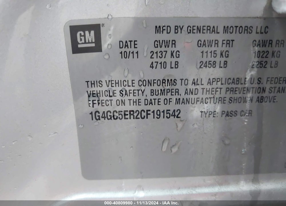2012 BUICK LACROSSE LEATHER GROUP VIN: 1G4GC5ER2CF191542