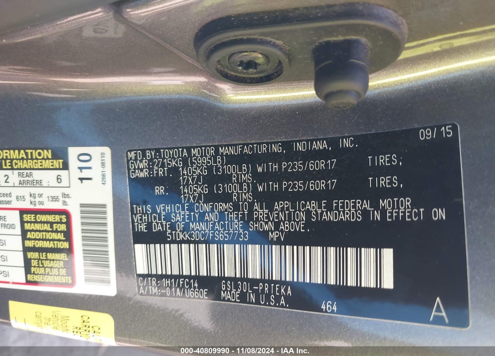 2015 TOYOTA SIENNA LE 8 PASSENGER VIN: 5TDKK3DC7FS657733