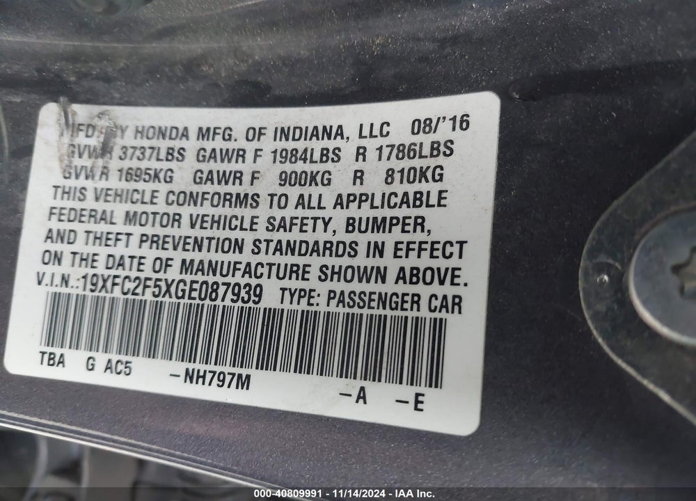 2016 HONDA CIVIC LX VIN: 19XFC2F5XGE087939