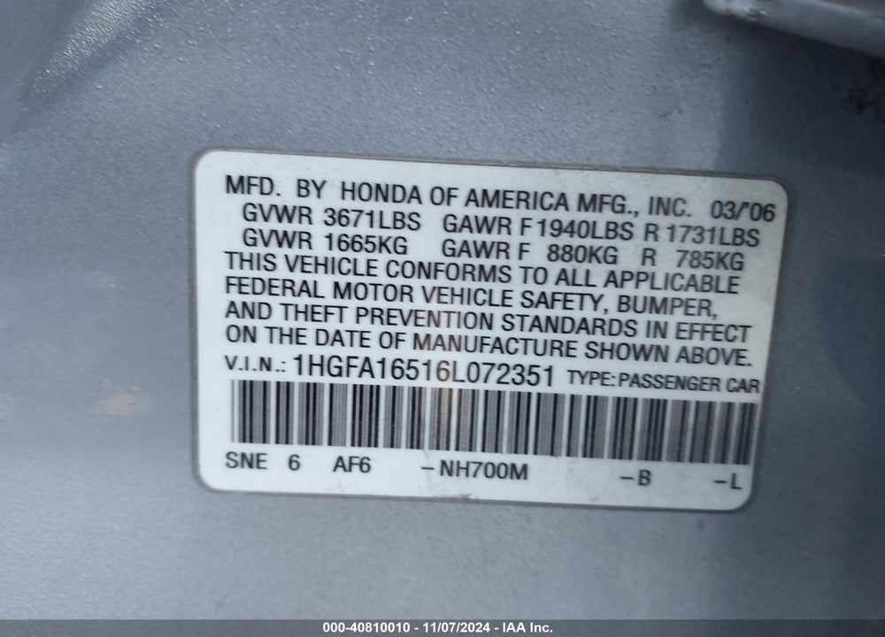 2006 HONDA CIVIC LX VIN: 1HGFA16516L072351