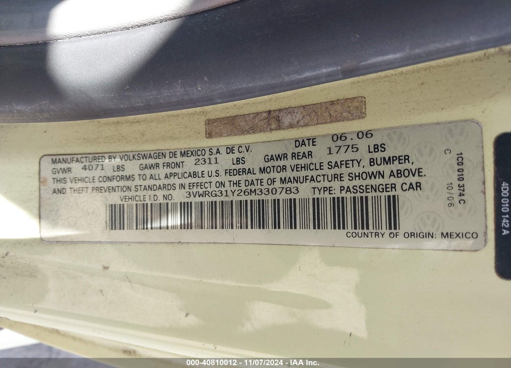2006 VOLKSWAGEN NEW BEETLE 2.5 VIN: 3VWRG31Y26M330783