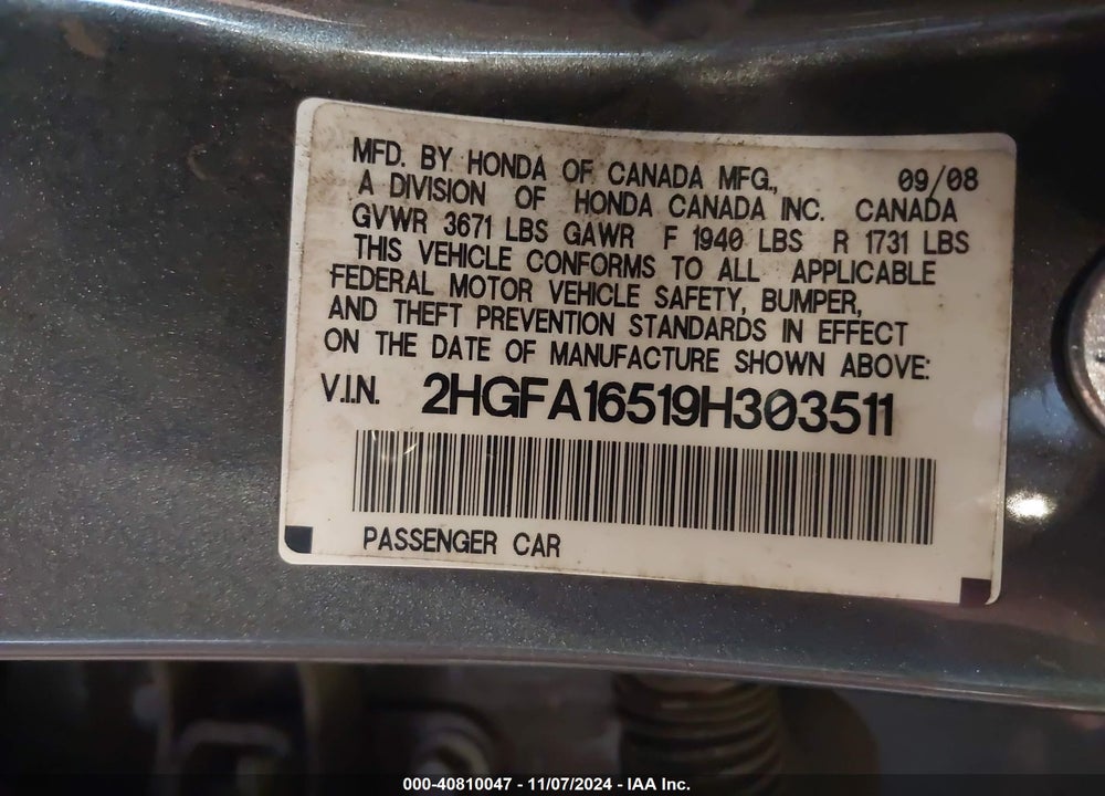 2009 HONDA CIVIC LX VIN: 2HGFA16519H303511
