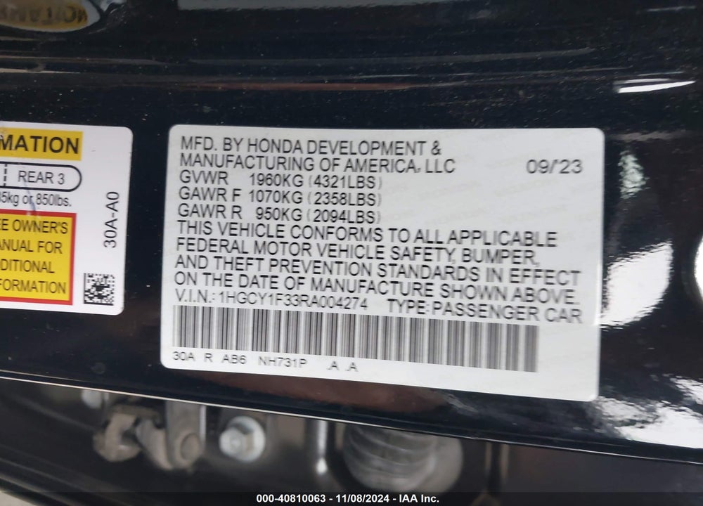 2024 HONDA ACCORD EX VIN: 1HGCY1F33RA004274