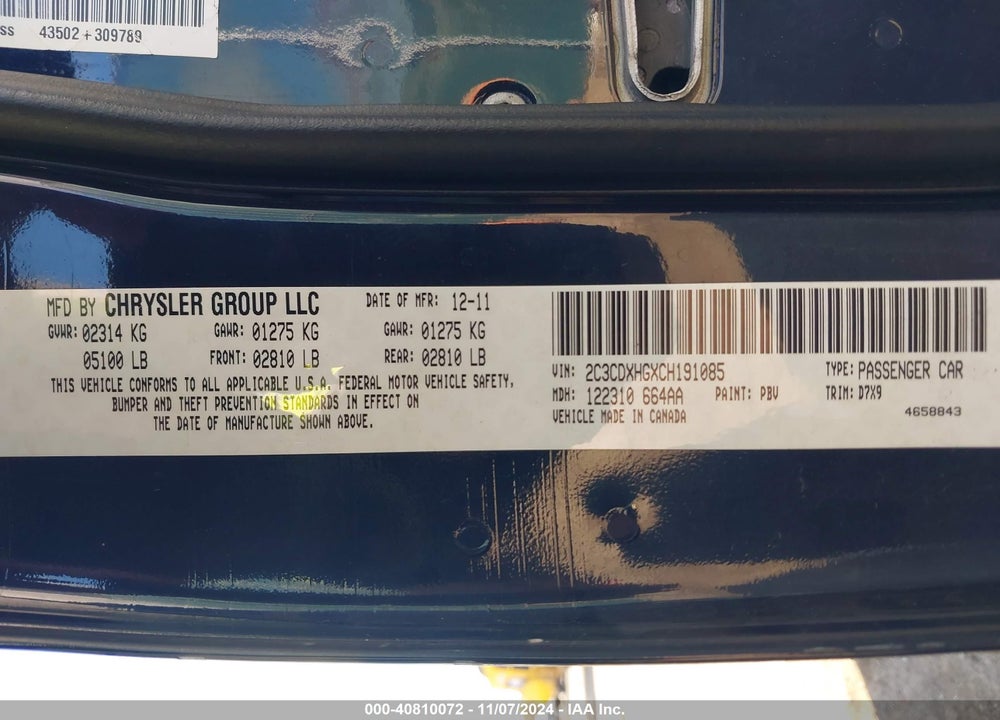 2012 DODGE CHARGER SXT VIN: 2C3CDXHGXCH191085