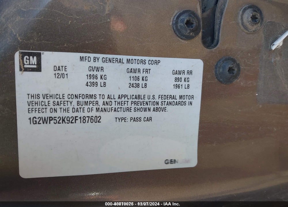 2002 PONTIAC GRAND PRIX GT VIN: 1G2WP52K92F187602