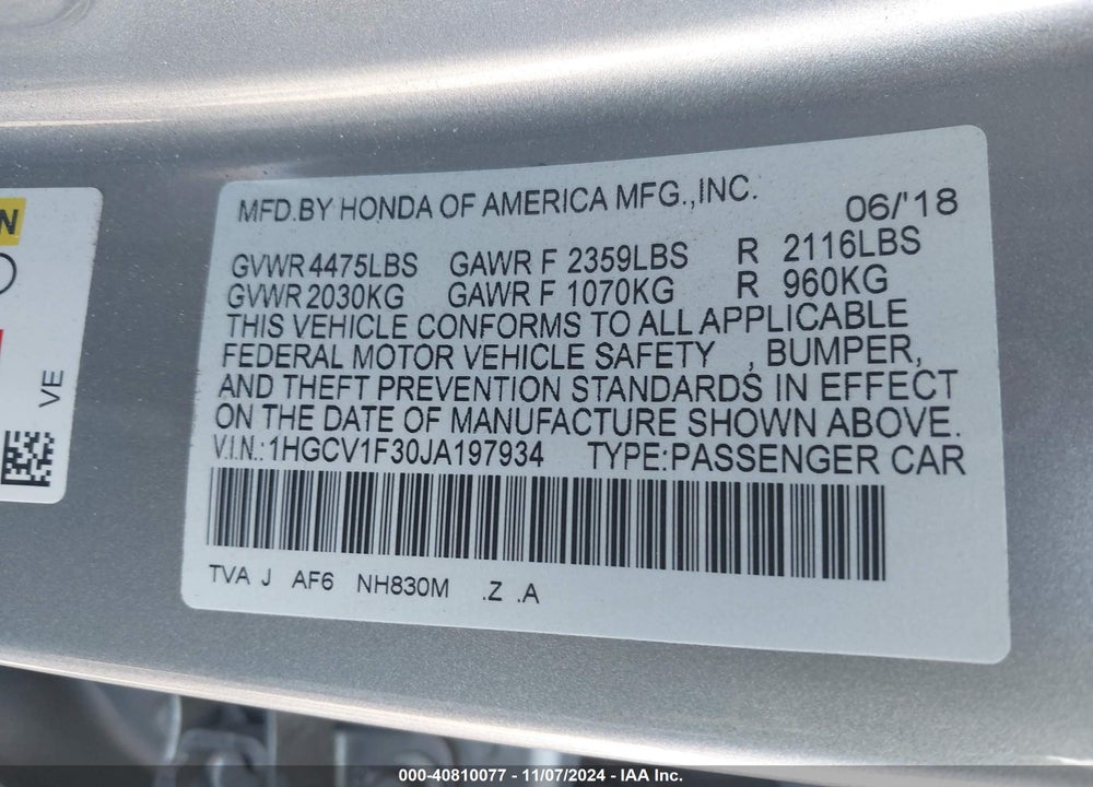 2018 HONDA ACCORD SPORT VIN: 1HGCV1F30JA197934