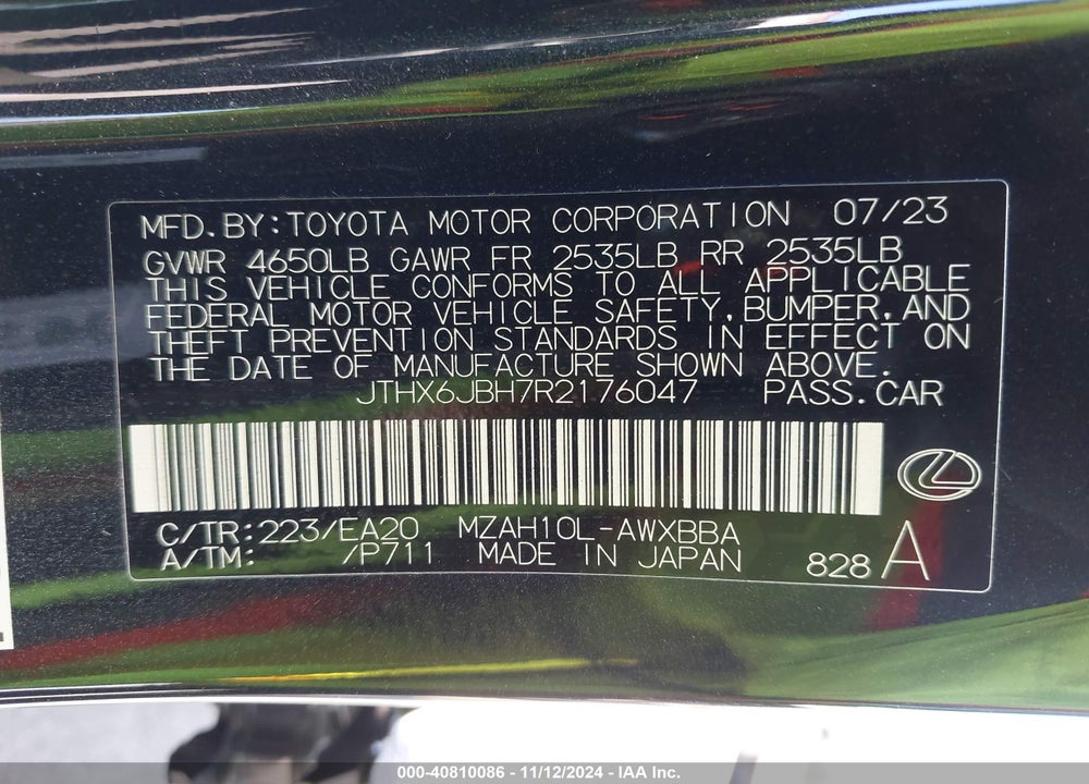 2024 LEXUS UX 250H VIN: JTHX6JBH7R2176047
