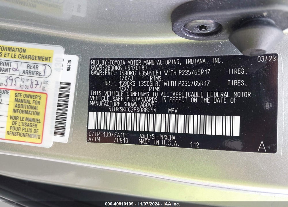 2023 TOYOTA SIENNA LE VIN: 5TDKSKFC2PS086354