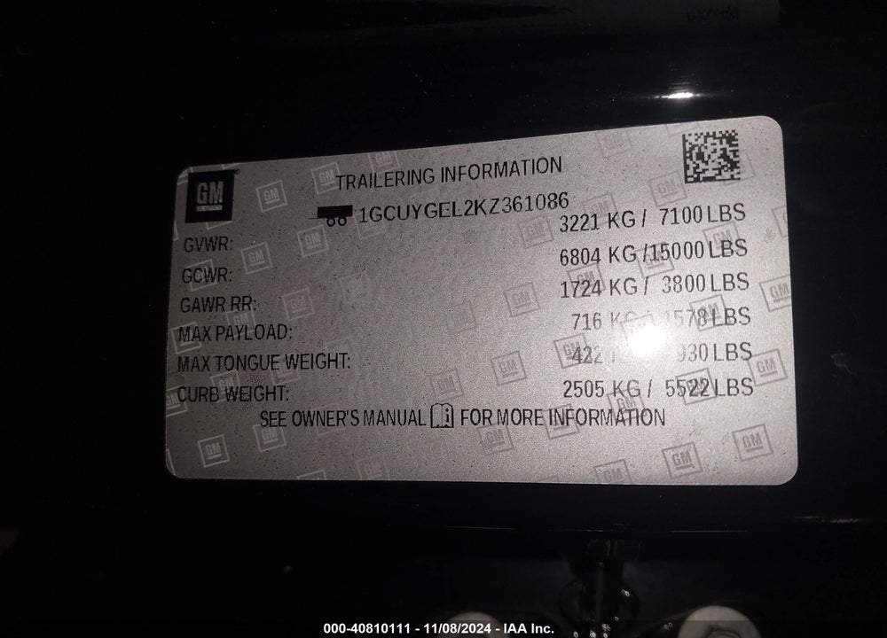 2019 CHEVROLET SILVERADO 1500 LTZ VIN: 1GCUYGEL2KZ361086