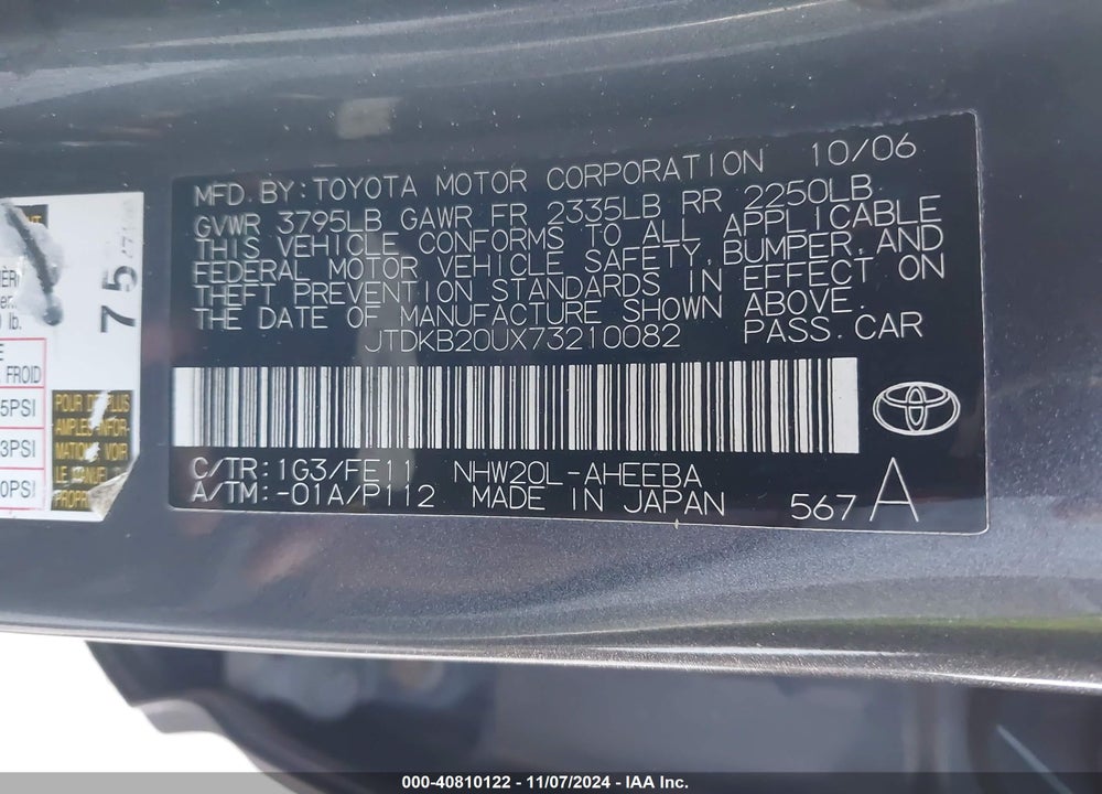 2007 TOYOTA PRIUS VIN: JTDKB20UX73210082