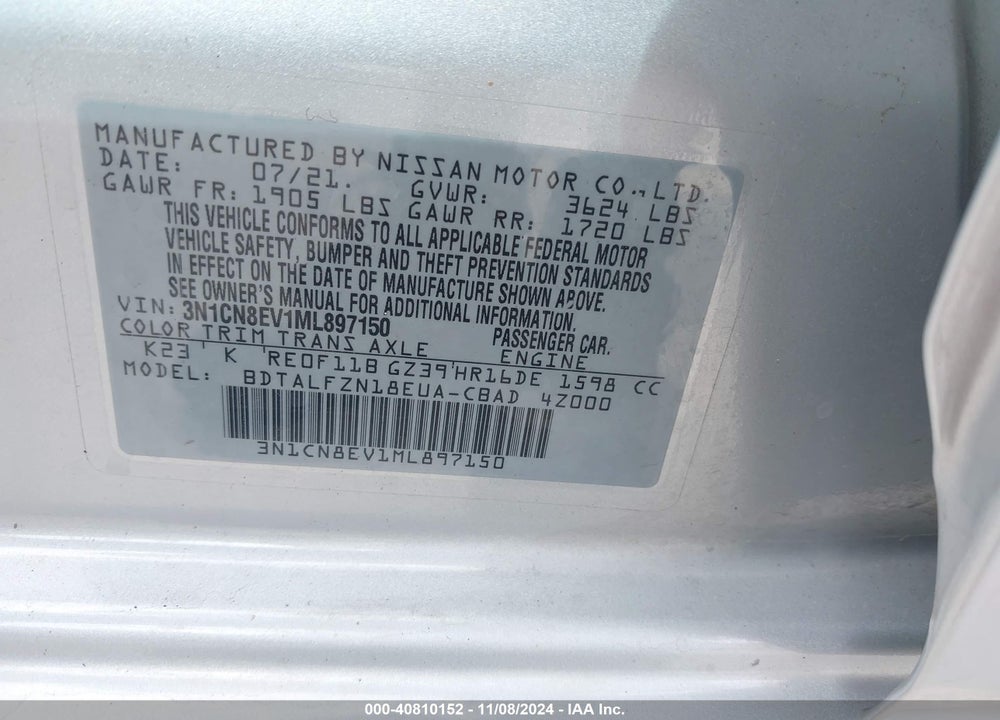 2021 NISSAN VERSA SV XTRONIC CVT VIN: 3N1CN8EV1ML897150