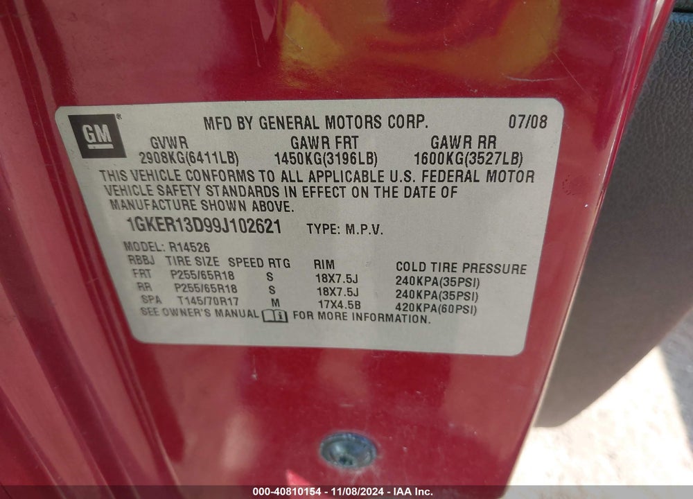 2009 GMC ACADIA SLE-1 VIN: 1GKER13D99J102621