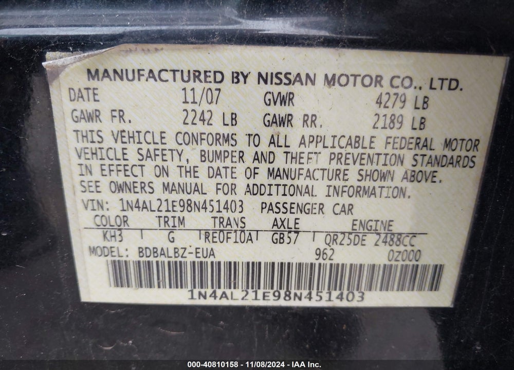 2008 NISSAN ALTIMA VIN: 1N4AL21E98N451403