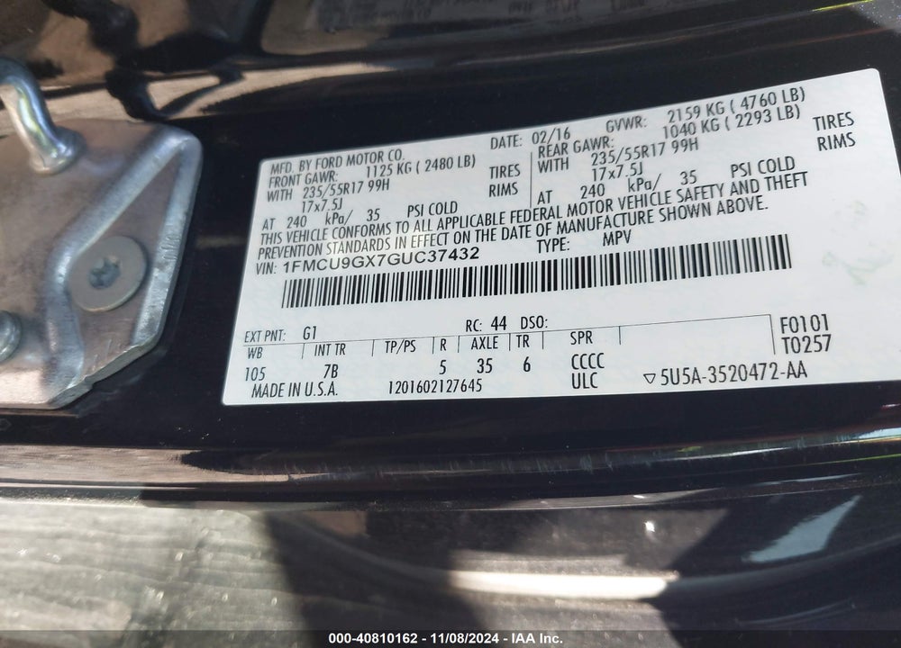 2016 FORD ESCAPE SE VIN: 1FMCU9GX7GUC37432
