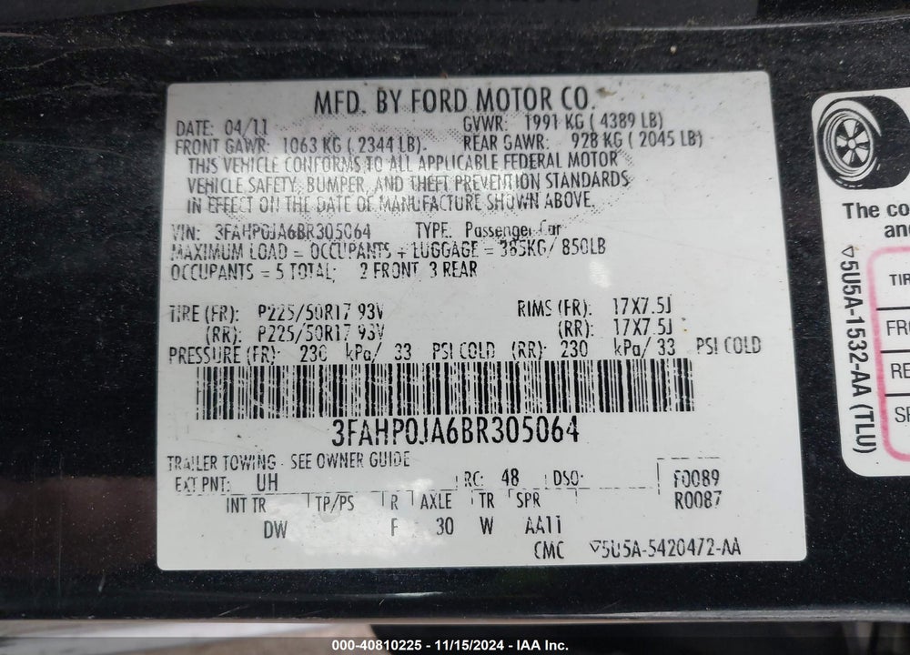 2011 FORD FUSION SEL VIN: 3FAHP0JA6BR305064