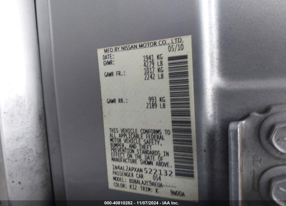 2010 NISSAN ALTIMA 2.5 VIN: 1N4AL2APXAN522132